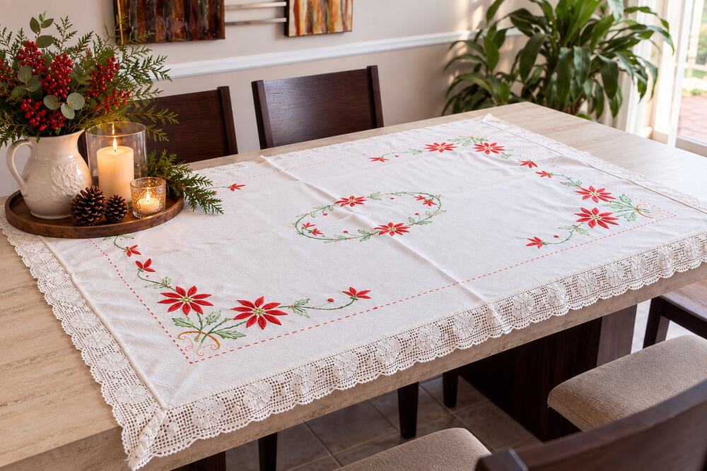 Embroidered Poinsettia Tablecloth Crochet Lace Christmas 53x39